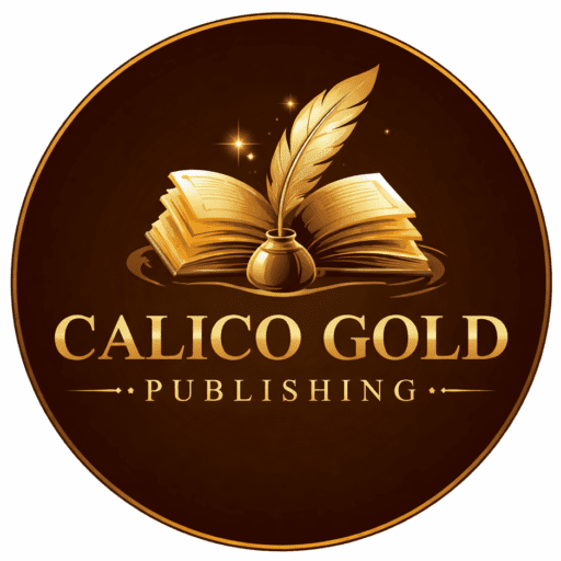 calico gold publishing logo featuring open book and quill, james c tanner