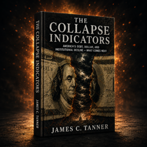 collapse indicatoprs america,the collapse indicators, james c. tanner, america at the crossroads series, book two, 3d hardcover book mockup